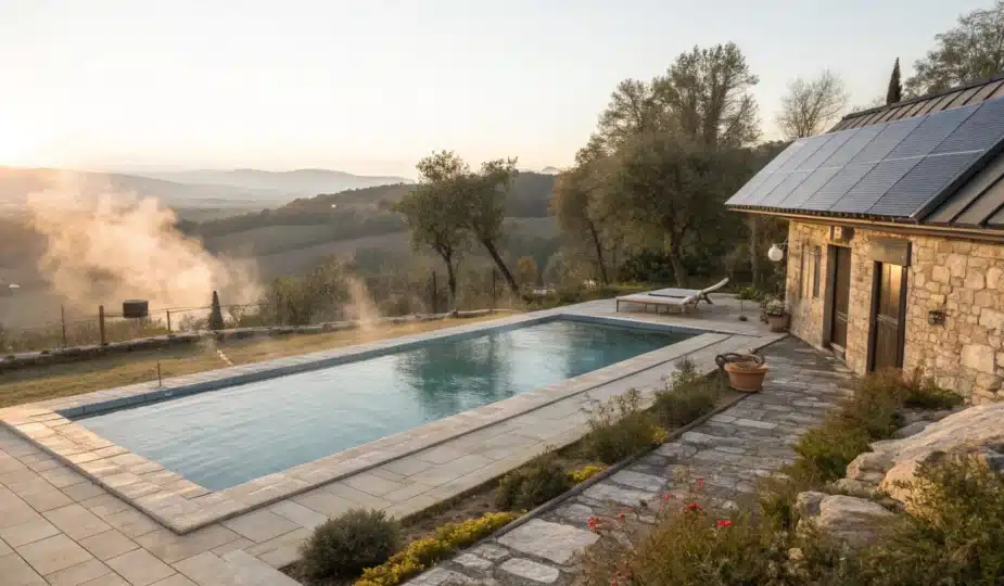 Une piscine extérieure chauffée par des panneaux solaires thermiques placés sur le toit ou à proximité, avec vapeur légère indiquant l'eau chauffée.